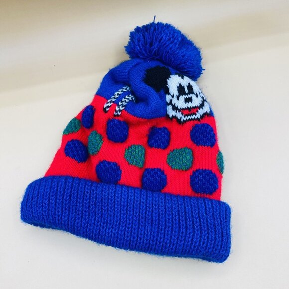 Garon Disney Other - Vintage Garon Mickey Mouse Walt Disney Youth Beanie Cap Hat Pom Pom USA Blue Red
